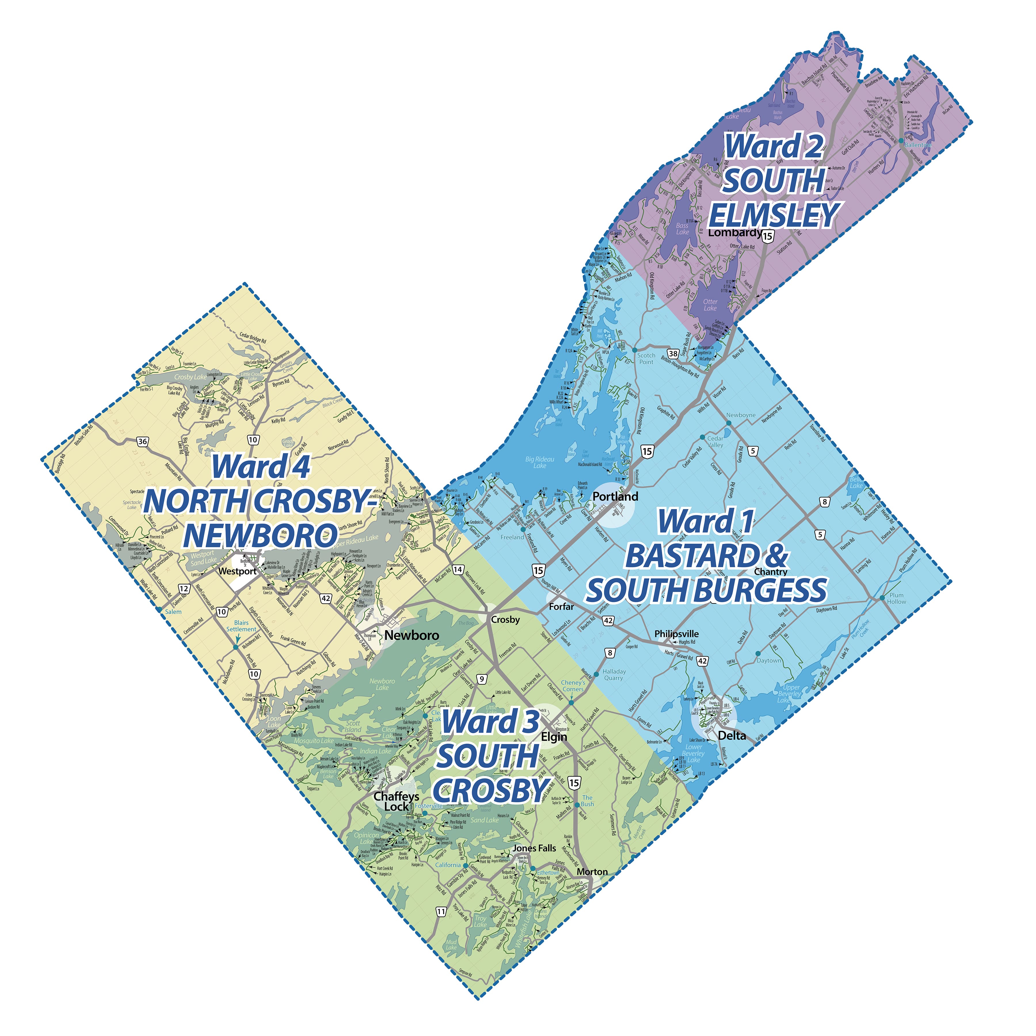 Map of Rideau Lakes Township showing the 4 ward boundaries